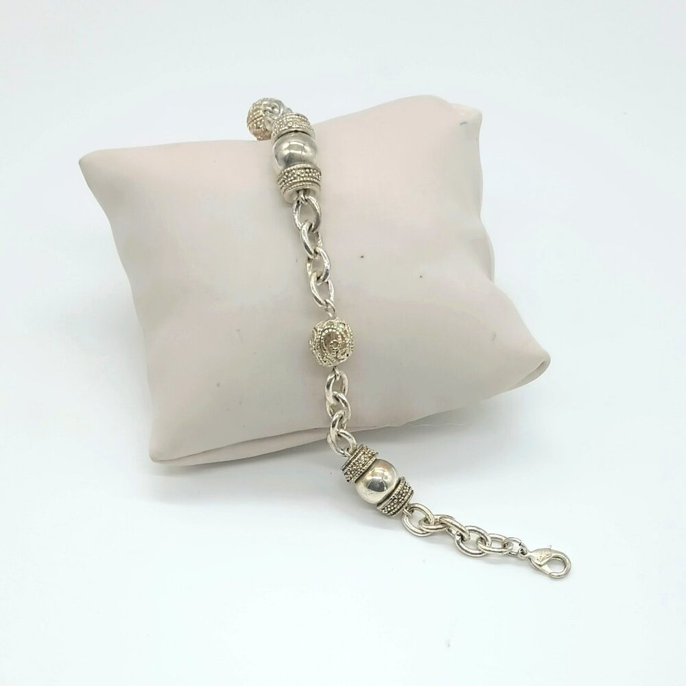 Bead Filigree Chain Link Bracelet 7 Silver Tone Ball Etched Boho Bracelet